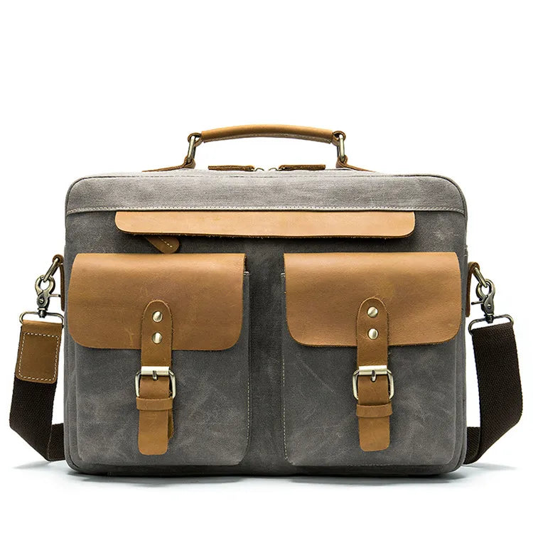 Vintage Men's Handbag Waxed Canvas and Genuine Cowhide Leather Crossbody Laptop Messenger Briefcase Stylish Fashion Design