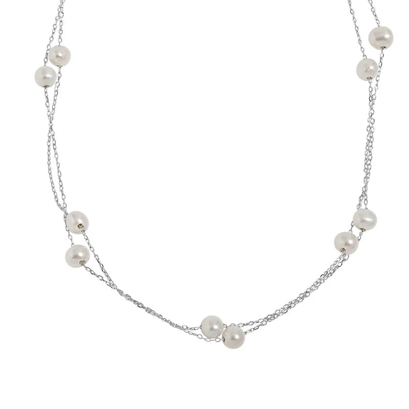 DEYIN Minimalist Versatile Silver 925 Double Layer Freshwater 925 Sterling Silver Women Pearl Necklace
