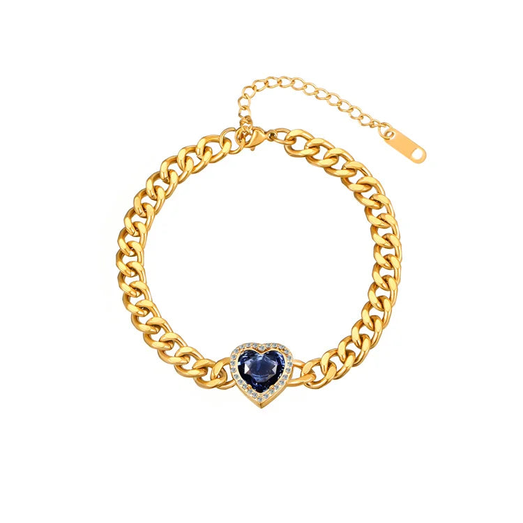 Vintage Jewelry Custom Metal logo Gold Plated Cuban Link Chain Zircon Heart Bracelet Women