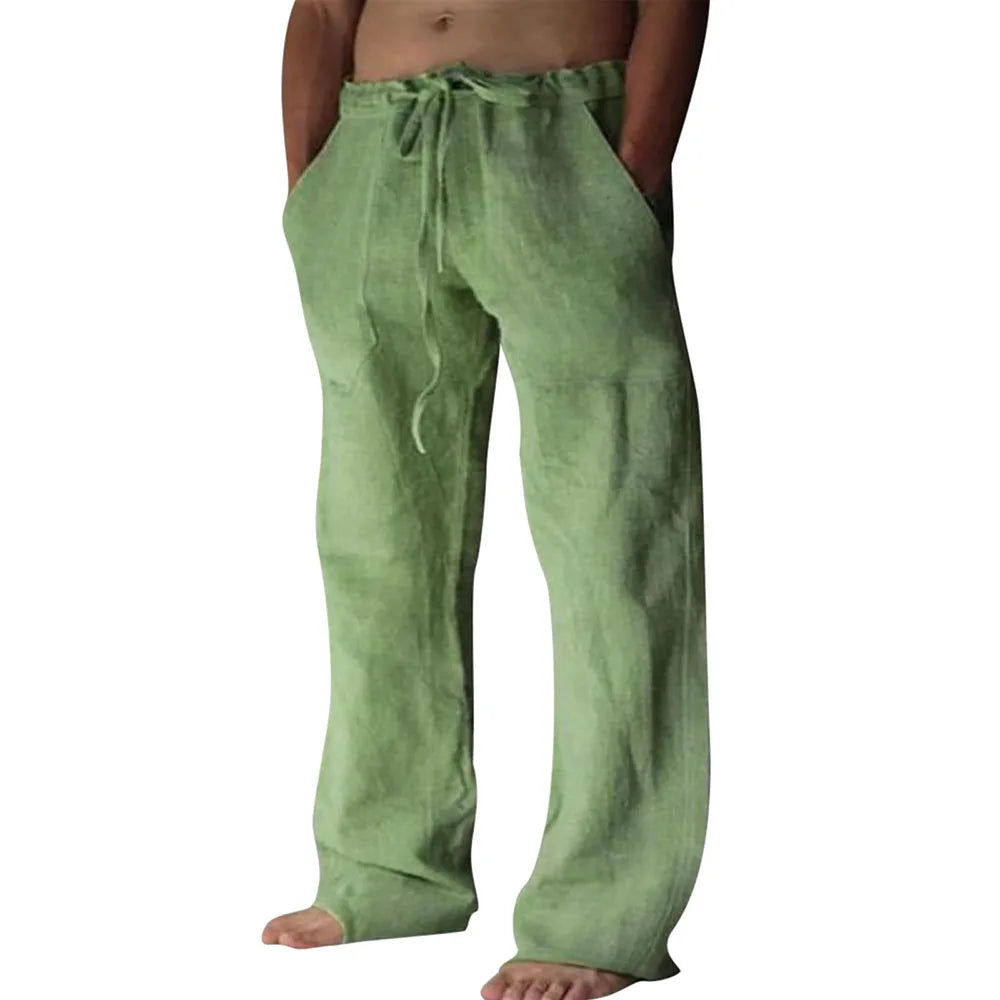 OEM Men's Pure Linen Pant Lightweight Breathable Cotton Summer Straight Tube Oversized Elastic Waist Casual Custom Plain Dyed