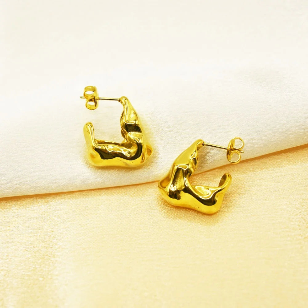 Vintage 24K Gold Plated Stainless Steel Geometric Hoop Earrings Tarnish-Free Irregular Lava Fold Design Fashionable Styling