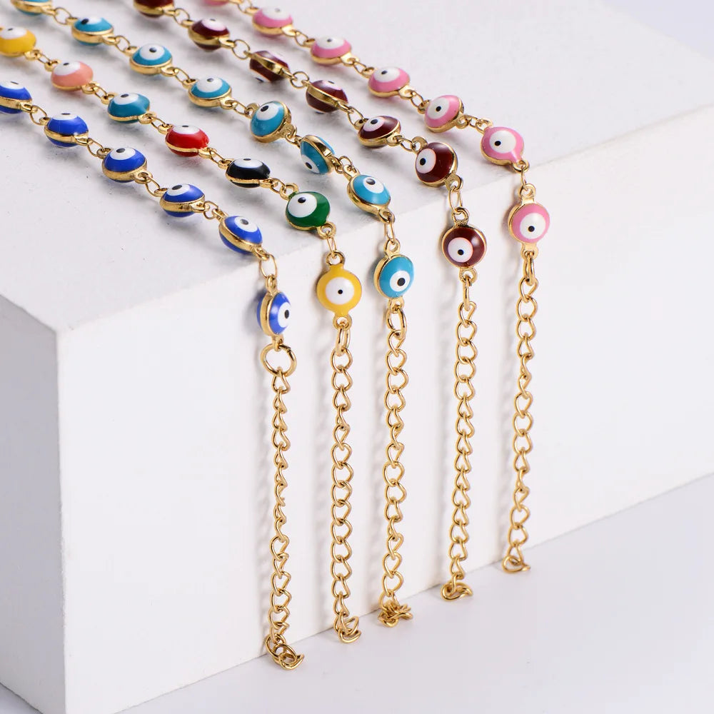 Gold Plated Stainless Steel Bracelet Enamel Leg Chain Colorful Eye Ball Anklet Summer Beach Waterproof Foot Jewelry for Women