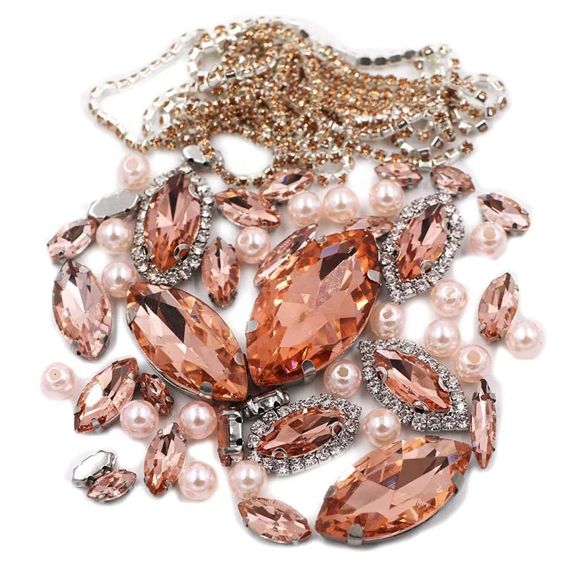 Wholesale 3D Mix Size Water Red Horse Eye Crystal Glass Sew-on Rhinestones Loose Pearls and Cup Chain