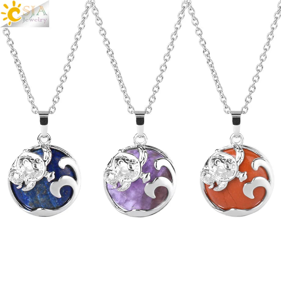 CSJA Wholesale Animal Tortoise Pendant Natural Stone Amethyst Opal Orange Jade Necklace Jewelry H073