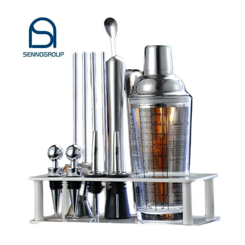 12pcs Hot Sale Drink Mixer Cocktail Shakers Making Custom Logo Stainless Steel Cocktail Shaker Set Barware Tool Set With Stand