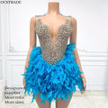 Ocstrade Heavy Beaded Rhinestone Birthday Mini Dresses With Blue Feathers Hem Women Sexy Diamond Short Prom Dresses for Ladies