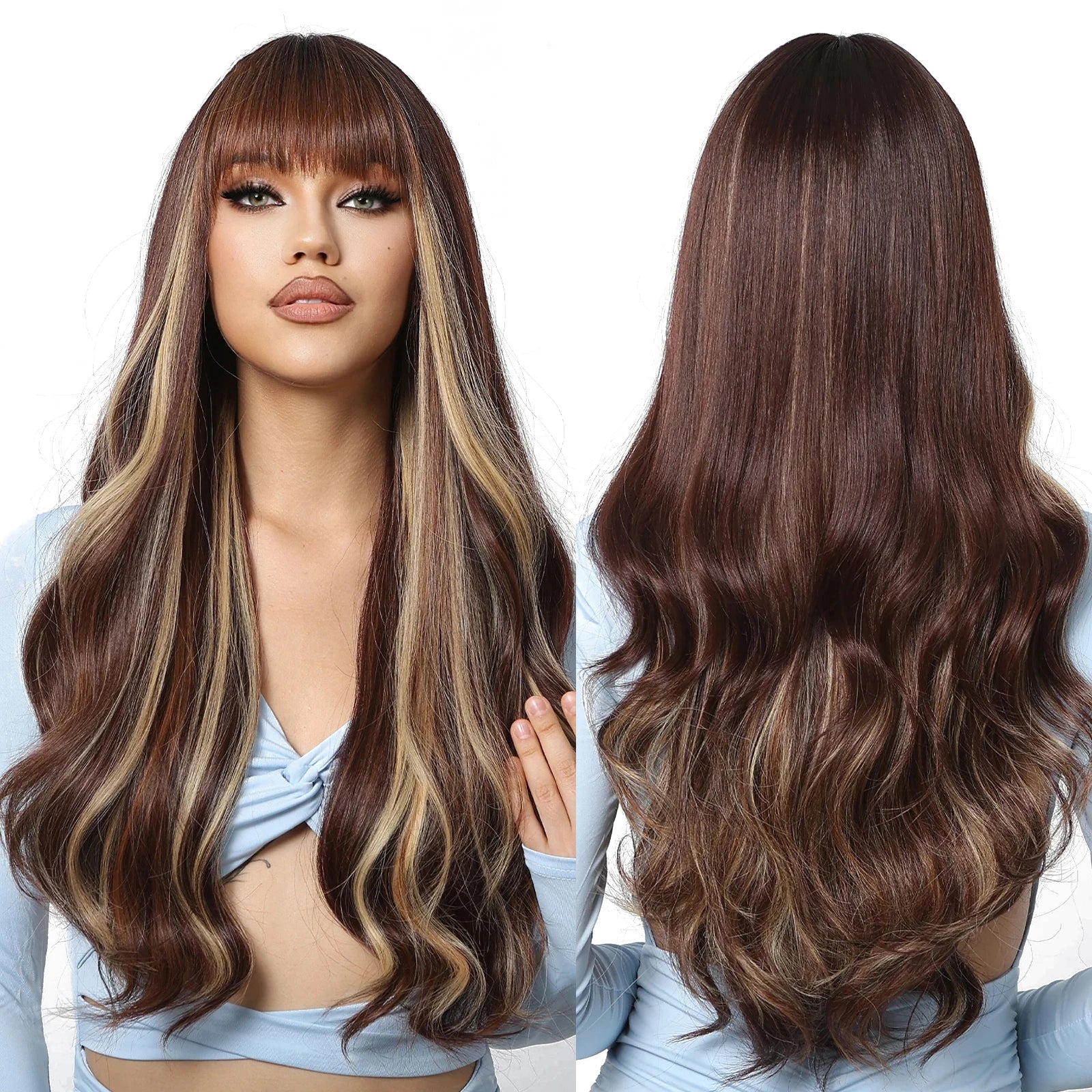 MOQ1 Brown Blonde Highlights Wigs With Bangs Long Wavy Synthetic Wigs for Women Heat Resistant Natural Hair Daily Cosplay