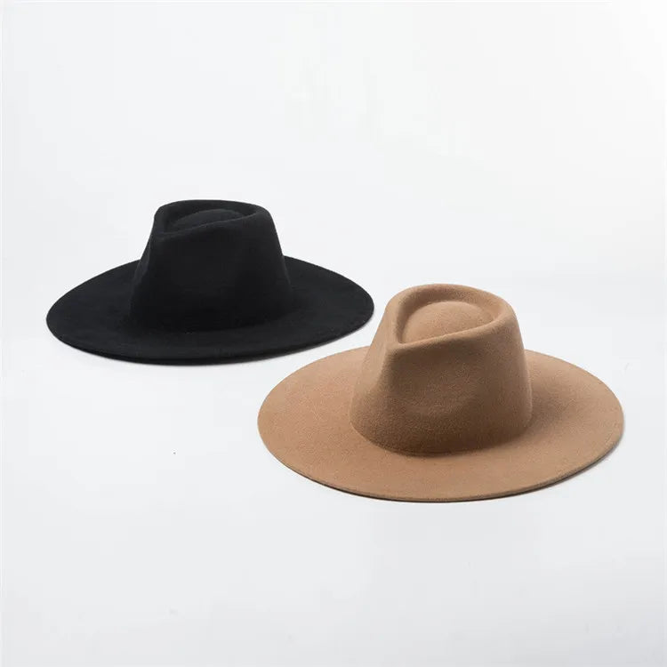 X1259 Unisex Woolen Big Brim Jazz Top Hat Ladies Fashion Casual Concave Shape Big Brim Jazz Hat Wide Brim Caps Fascinator Hats