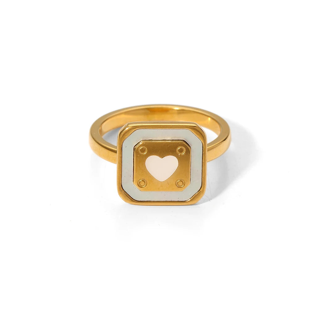 Trendy Ins Design Stainless Steel 18K White Square Enamel Heart Rings for Women Gift