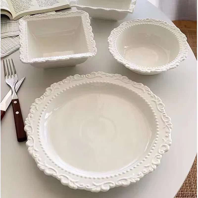 Factory Direct Sell Embossed Ceramic Dinnerware Set Nordic Retro Ceramic Restaurant White Ceramic Plate