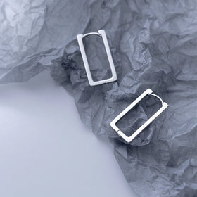 Daidan Huggie Earrings 925 Sterling Silver Simple Geometric Rectangular Hoop Long Drop Ladies Earrings