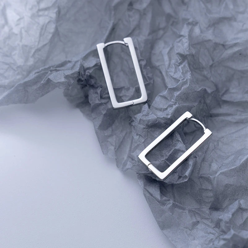 Daidan Huggie Earrings 925 Sterling Silver Simple Geometric Rectangular Hoop Long Drop Ladies Earrings