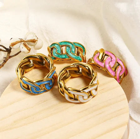 YF3536 Waterproof Lady Jewelry 18K Gold Plated Stainless Steel Colorful Oil Drip Enamel Link Chain Chunky Finger Rings