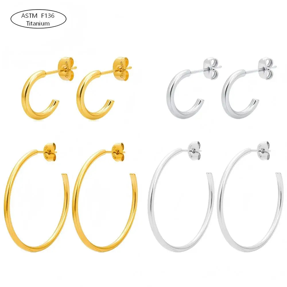 ASTM F136 Titanium C-shaped Earrings Stainless Steel Geometric Round Earrings for Women
