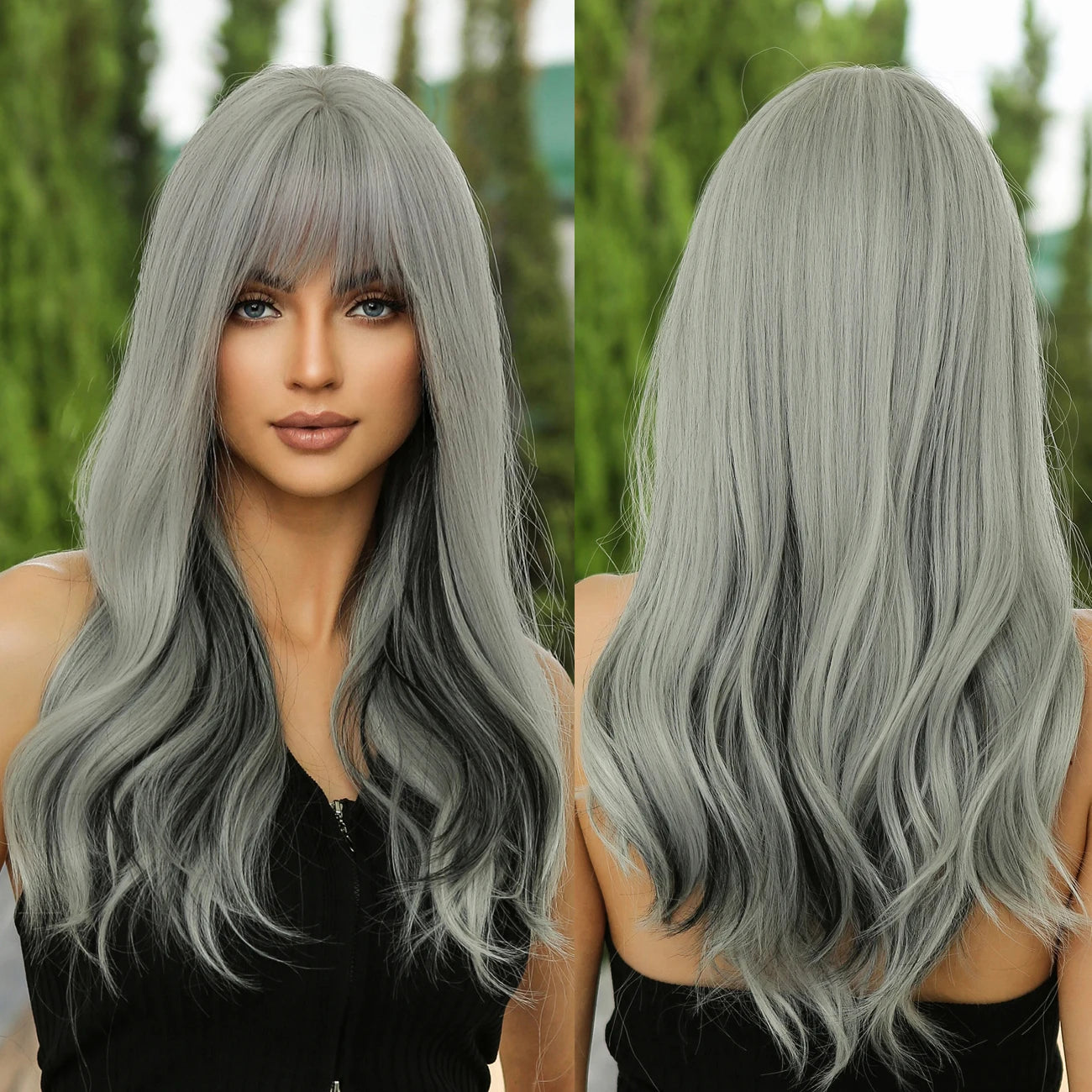 Factory Wholesale Price Long Wavy Synthetic Wig Natural Silver Gray Ombre Hair Wig for Women Heat Resistant False Hair With Bang