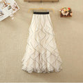 Elegant A-Line High Waist Elastic Waist Pleated Dance Skirt Casual Women's Mesh Patchwork Flower Fairy With Wave Pleated Edge