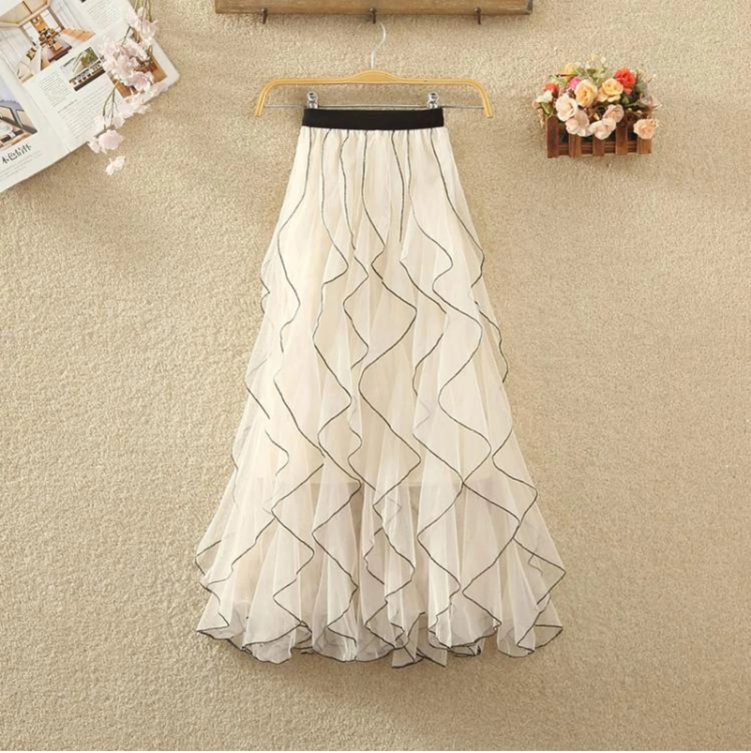 Elegant A-Line High Waist Elastic Waist Pleated Dance Skirt Casual Women's Mesh Patchwork Flower Fairy With Wave Pleated Edge