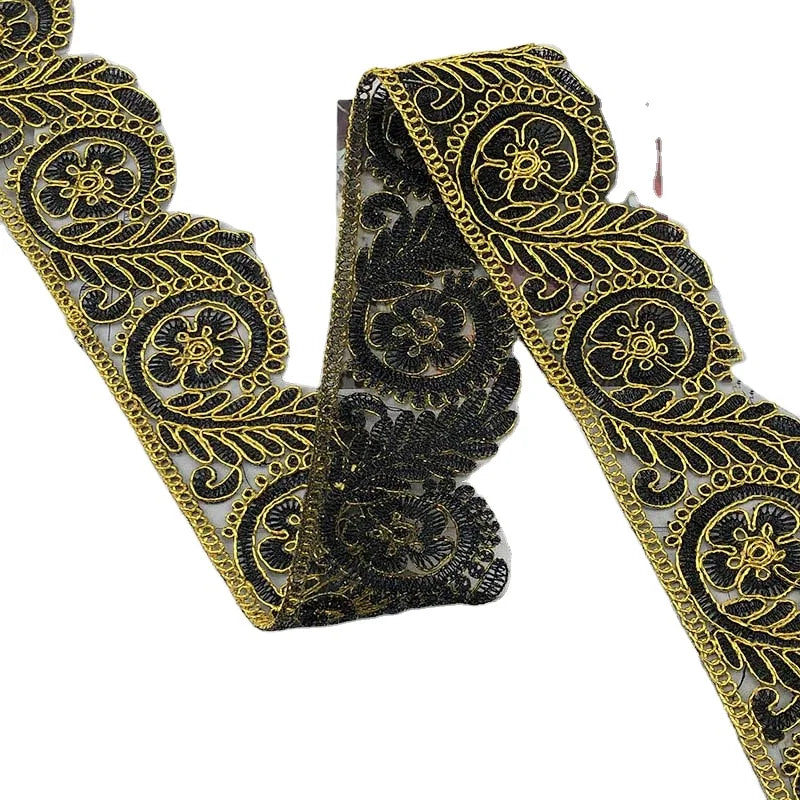 6.5cm Diy Sewing Garment Gold Edge Car Bone Lace Trims Embroidered Flower Mesh Curtain Wedding Dress Costume Leaf Lace Fabric