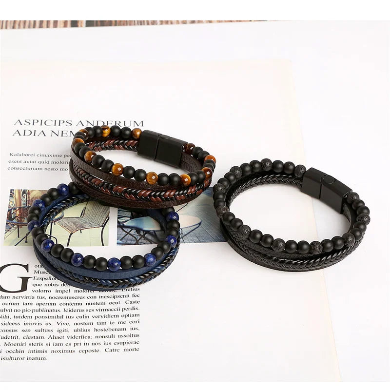 Handmade Braided Multilayer Lava Tiger Eye Stone Men's Leather Wrap Bracelet Alloy Black Zinc Plated Magnetic Clasp Trendy