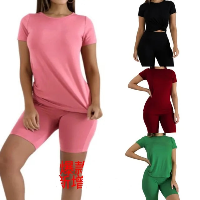 Women Cotton Tracksuit 2 Two Piece Set Solid Short Sleeve Crop Tops T-Shirt Short Pants Suit Set Cotton Joggers Sportwear