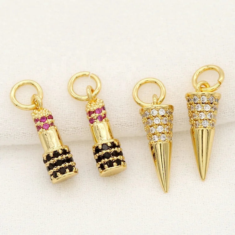 14K Gold Plated Fashion Zircon Embellished Cone Lipstick Charm DIY Jewelry Making Accessories for Necklace Bracelets and Earring