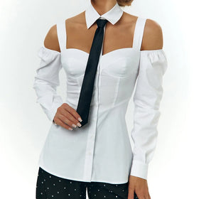 Wholesale Clothing Women Halter Neck Waisted Strappy Padded Top Femme White Long Sleeve Off Shoulder Chic Women's Shirt With Tie
