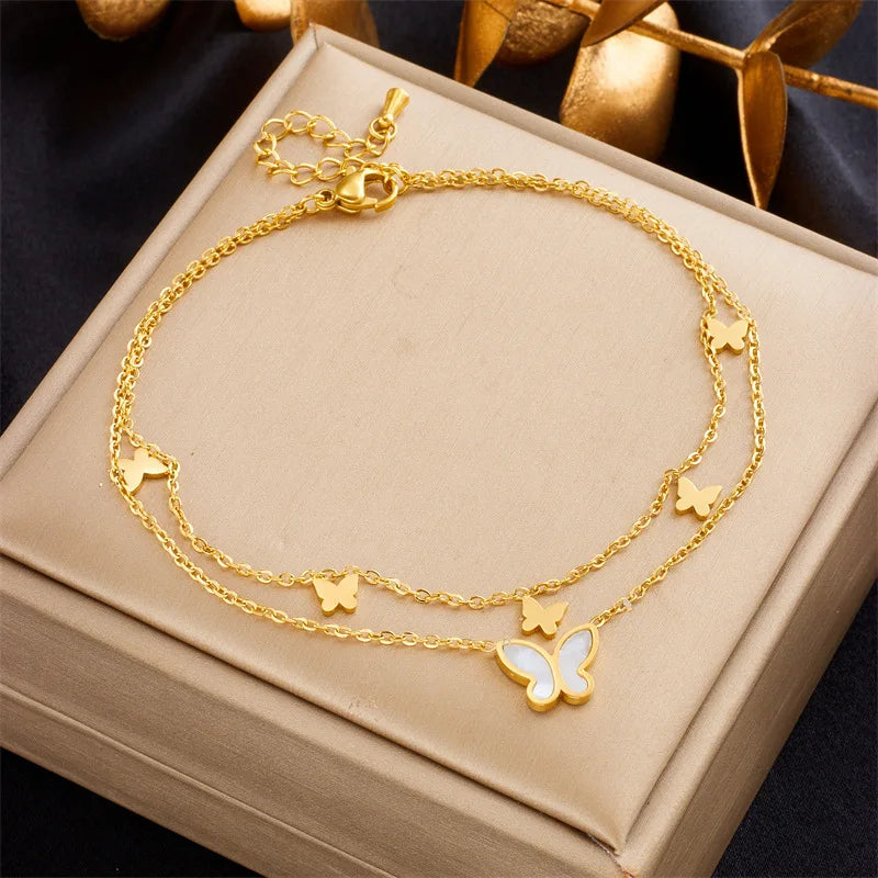 Non Tarnish Summer Beach 18K Gold Plated Stainless Steel Jewelry Shell Butterfly Pendant Ankle Bracelet for Women Girls Gifts