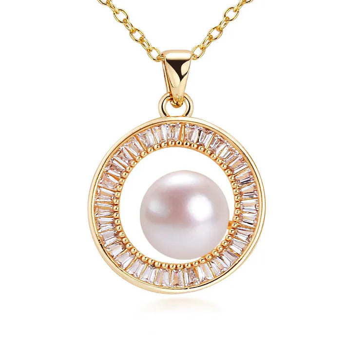 Wholesale 18K PVD Gold Plated Round Shape Square Zircon Jewelry Natural Fresh Water Pearl Necklace for Women