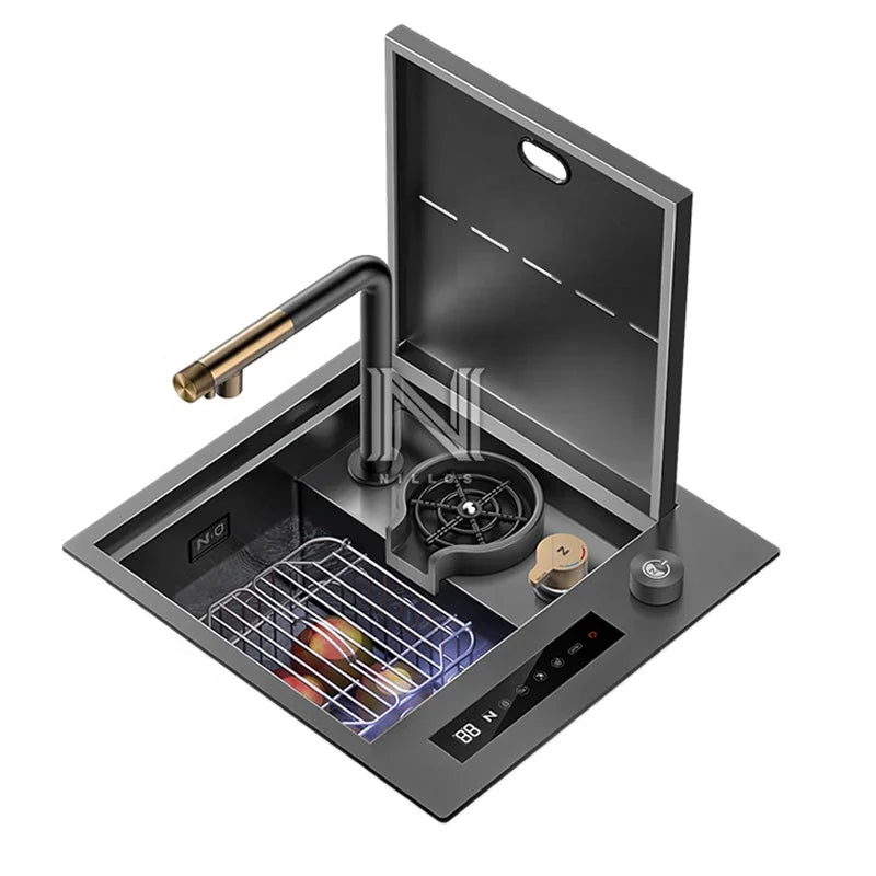 RS 4542 Black Nano 304 Stainless Steel Hidden Smart Sink - 17.7" Compact Kitchen Sink with Food Purification & Cup Washer