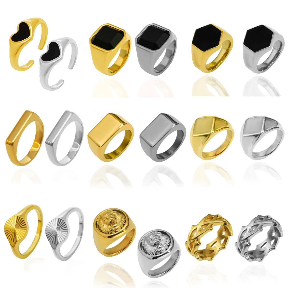 Vintage Men Stainless Steel 18k PVD Gold Plated Ring Non Tarnish Onyx Stone Ring Jewelry Streetwear Fashion Mens Adjustable Ring
