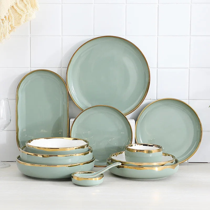 Customizable Handmade Porcelain Dinner Set Royal Luxury Light Green Gold Rim Ceramic Dinner Set Ceramic Plates for Restaurant