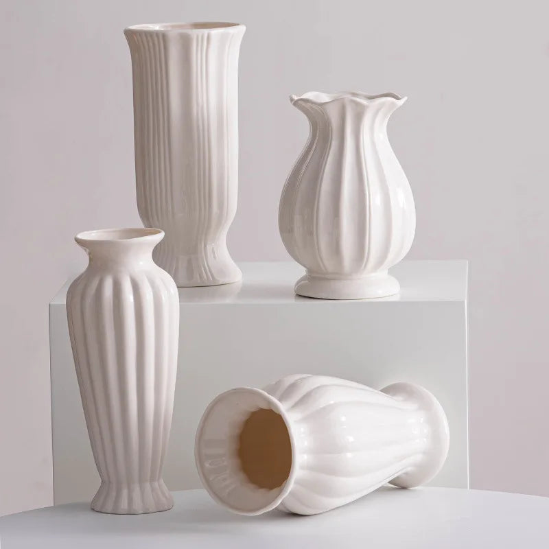 Nordic White Large Mouth Ceramic Vase Simple Design for Living Room Decor-Dried Flowers Water Nourishing Fresh Flowers