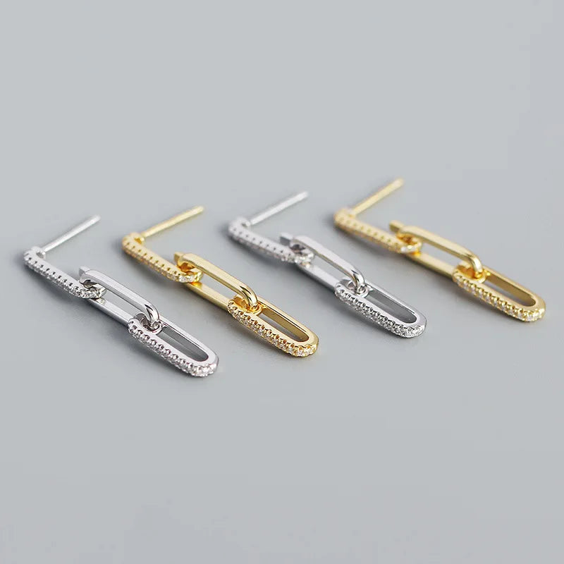 New European and American Retro Light Luxury S925 Silver Inlaid Zircon Geometric Chain Heavy Industry Tassel Earrings