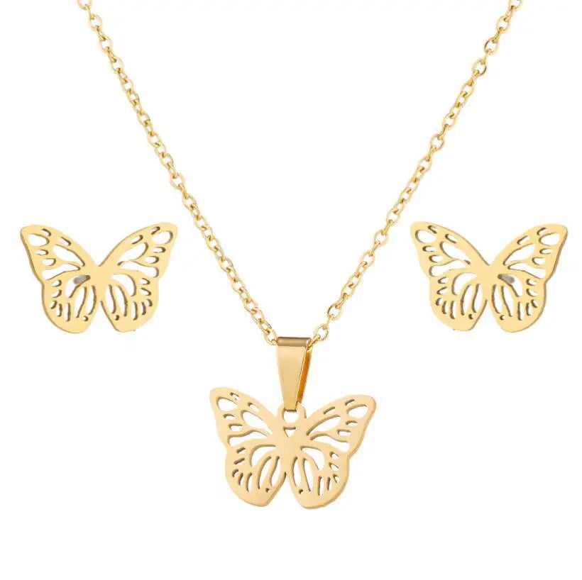 Creative Simple 3pcs Butterfly Pendant Clavicle Chain Necklace Earrings Set Stainless Steel Jewelry for Women for Wedding Party