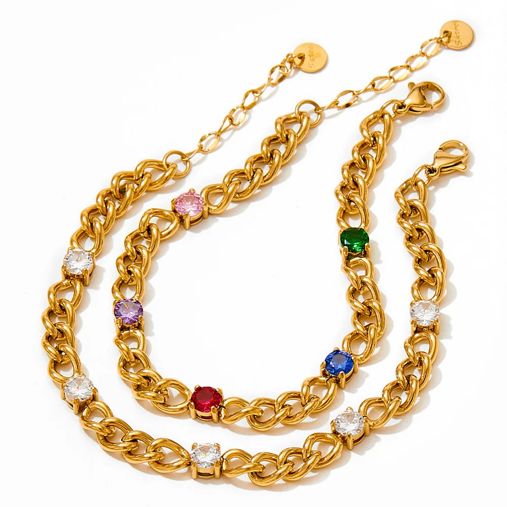 Fashion Trendy Stainless Steel Gold Plated 6mm Thick Chunky Chain Zircon Charm Beads Bracelet Jewelry