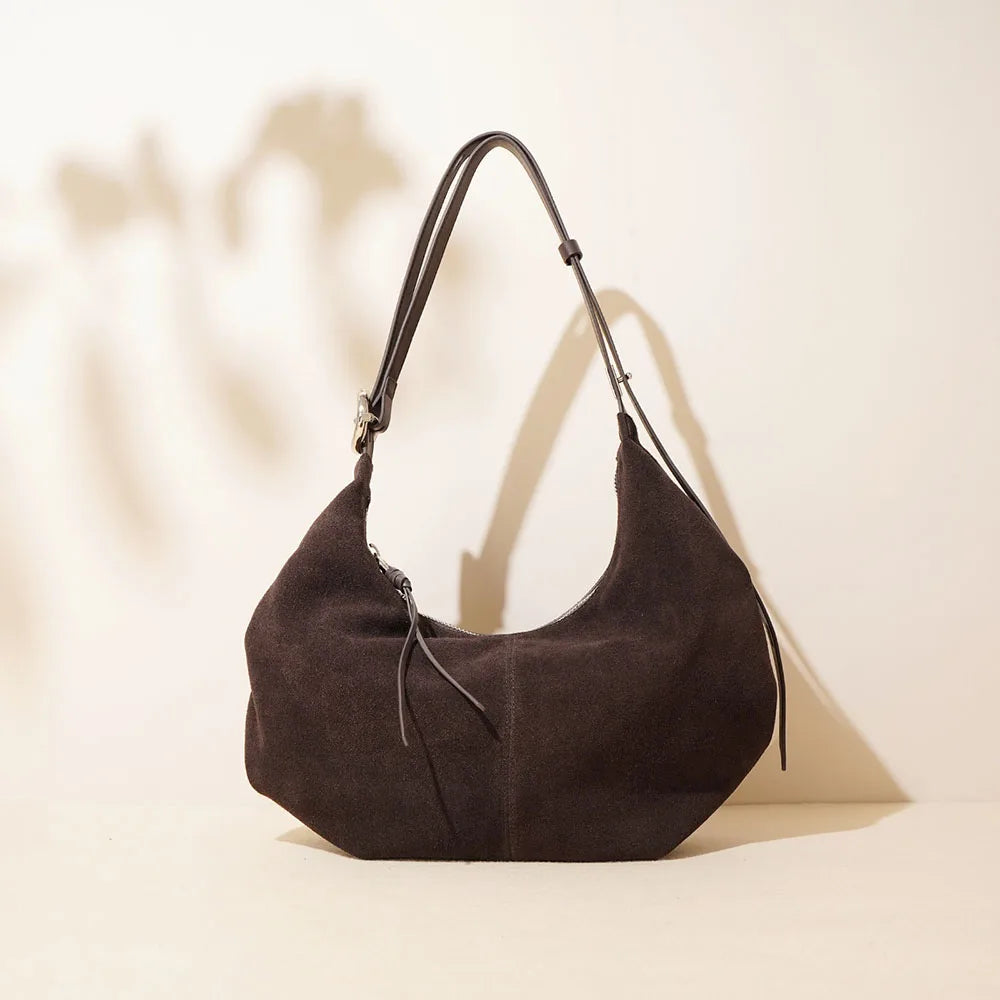 Vintage Matte Leather Shoulder Bag Adjustable Strap Genuine Split Cowhide Flannel Slouchy Tote Luxury Women Daily Travel Handbag