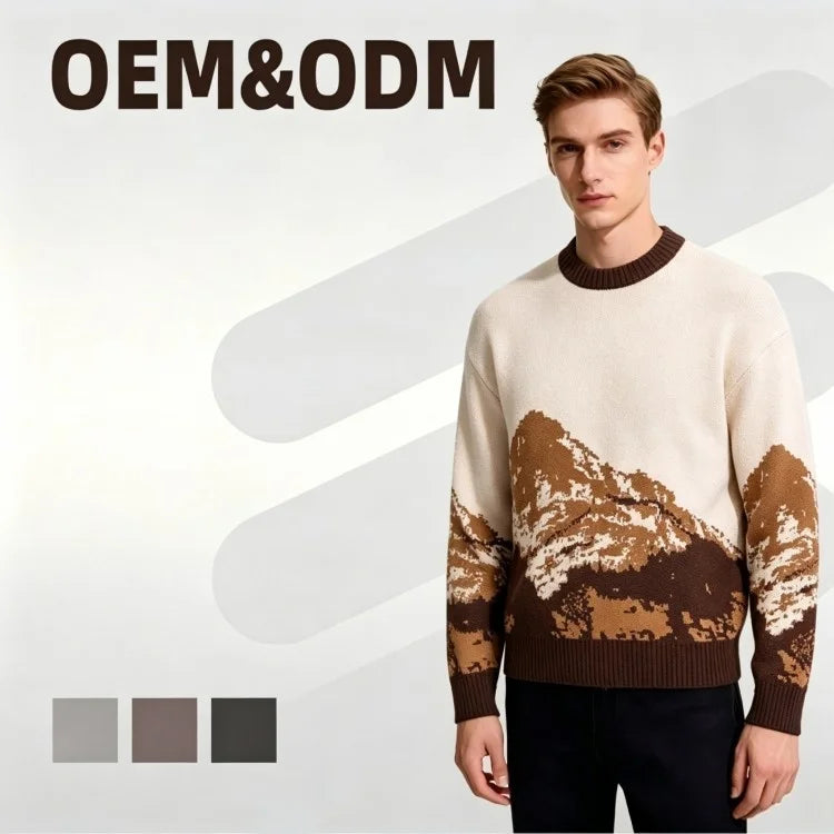 Custom Jacquard Cotton Winter Men's Loose Crewneck Sweater with Front Logo