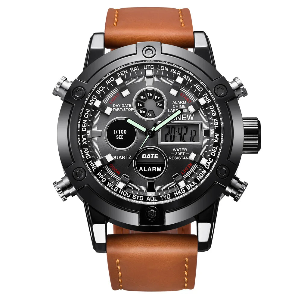 2023 Wholesale New Multi-function Casual PU Leather Alloy Business Sport Men's Wristwatch Dual-time Digital Quartz Mineral Glass