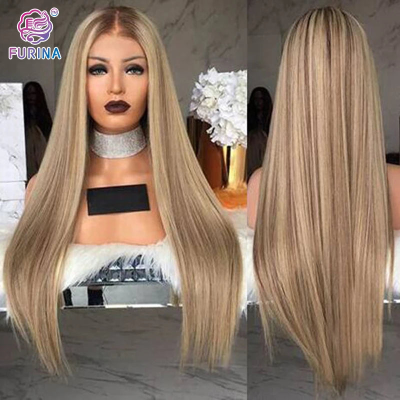 Fashion Trend Highlight New Brown Ombre Yaki Straight Long Straight Synthetic Lace Frontal Wigs Synthetic Wigs Pre Plucked
