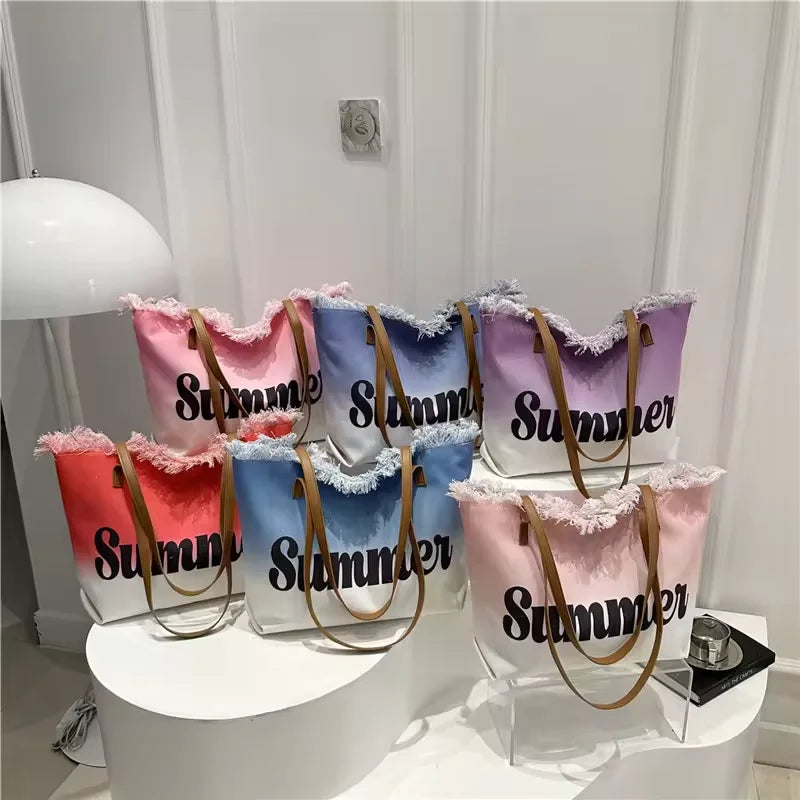 Casual Tote Canvas Handbag Fashionable Simple Letter Tassel Beach Bag Large Capacity for Mommy Bag with Zipper Closure