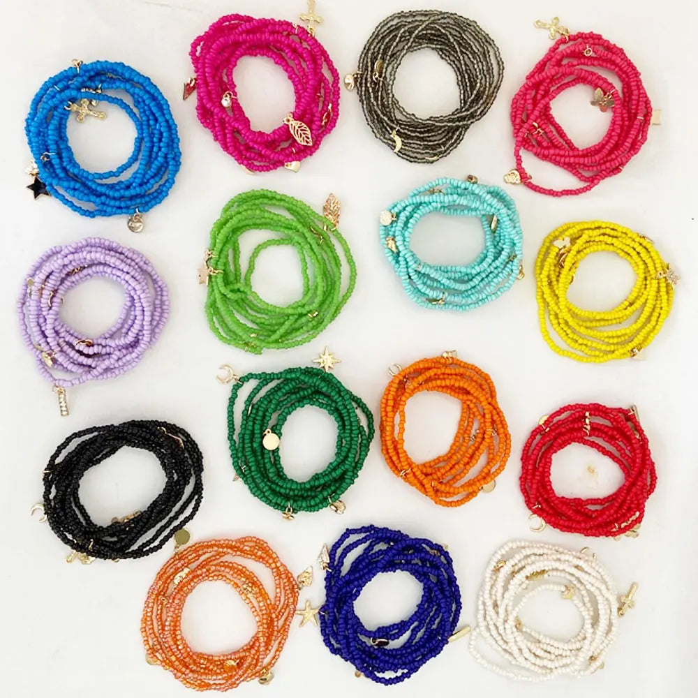55 Inches Plus Size Women African Glass Seed Beads Elastic Cord Stretchy Waist Belly Chain Body Jewelry with Metal Charms