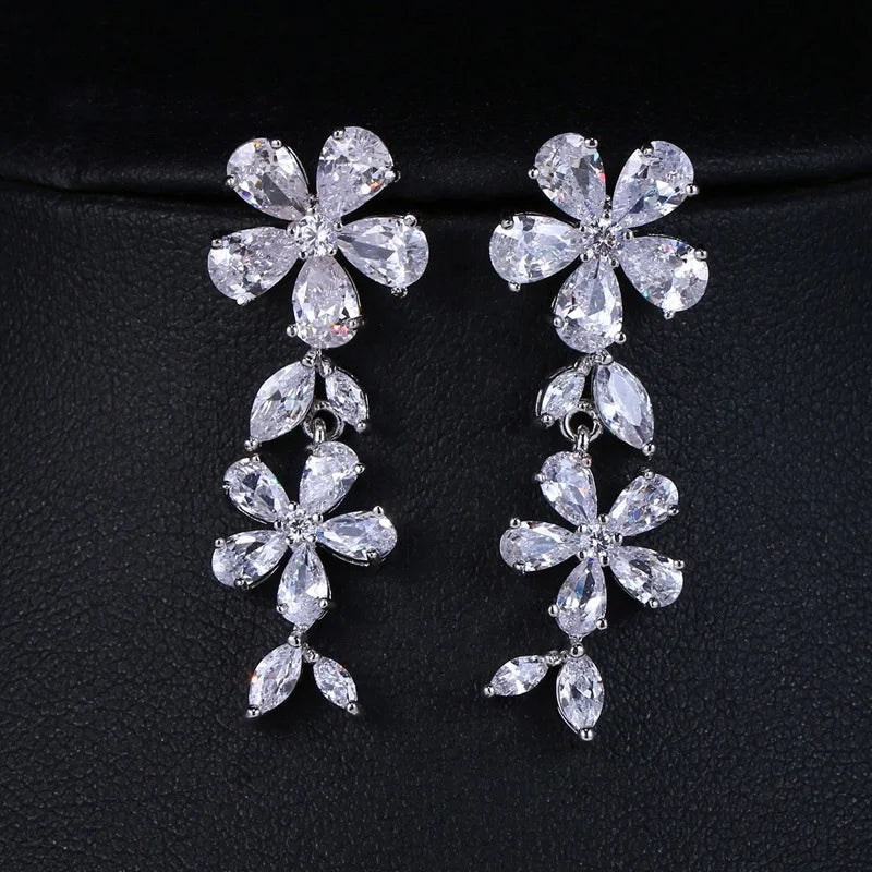 2022 Long Cubic Zirconia Flower Earrings Trendy INS Female CZ Crystal Zircon Drop Earring Women Bridal Wedding Jewelry