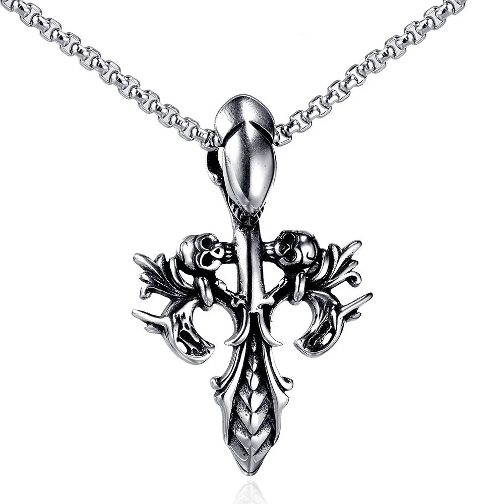 Ebay Hot Selling Monster alien Design Punk Skull Flower Titanium Steel Cross Pendant Stainless Steel Cross Necklace