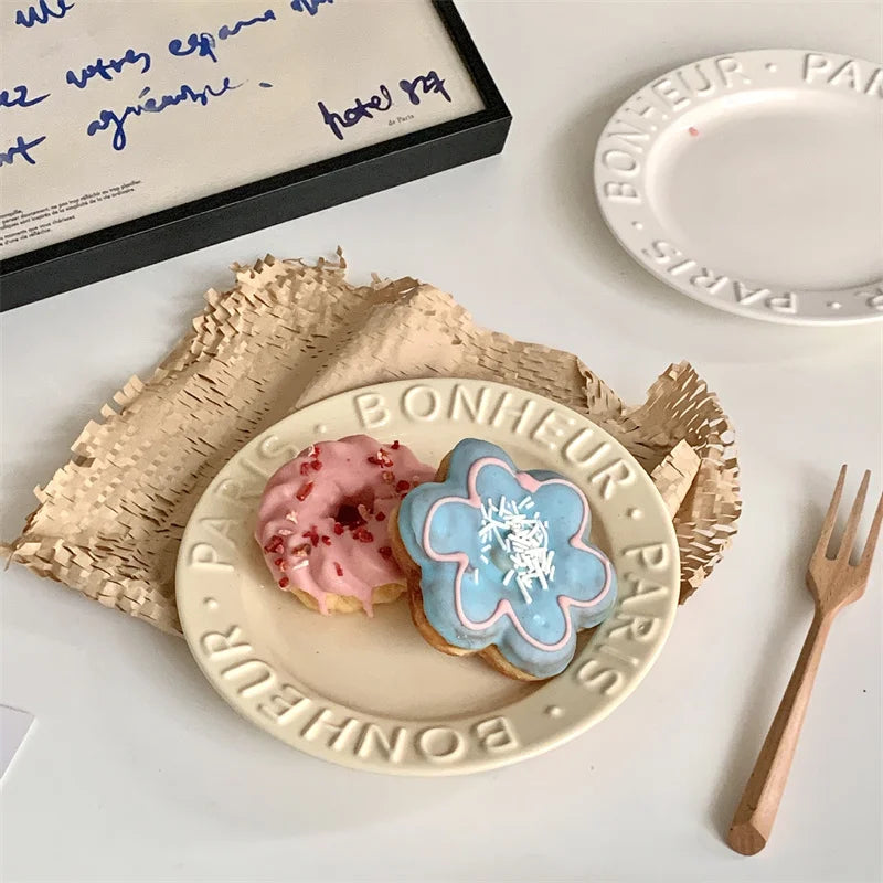 Solhui Ceramic Ins Paris Embossed Letter Dessert Plates Food Plate