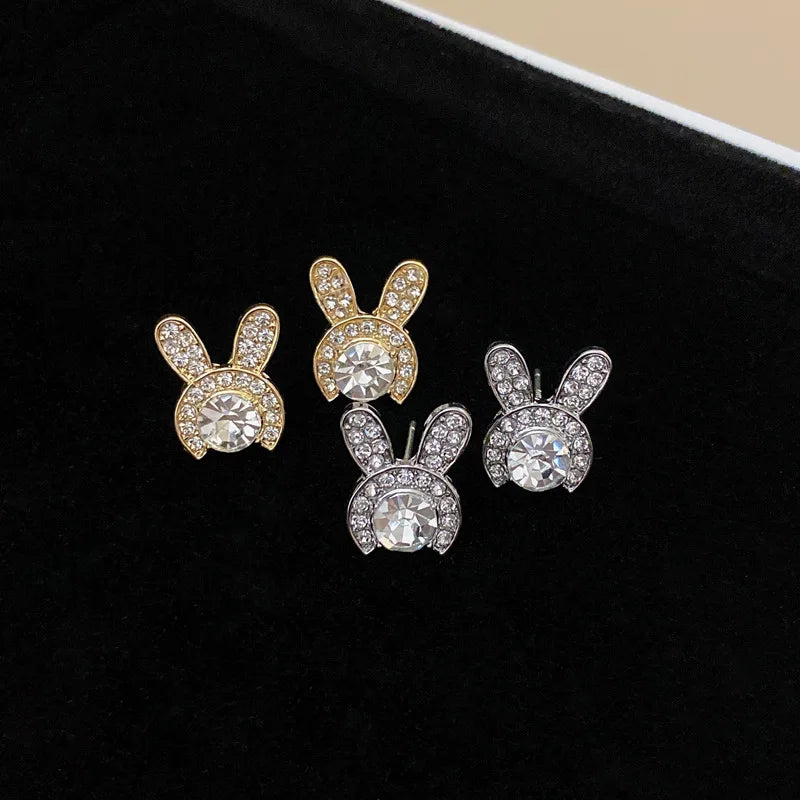 Cute Rabbit Stud Earrings Girls Gold Color Crystal Cubic Zircon Fancy Accessories for Women Bunny Sweetheart Earring