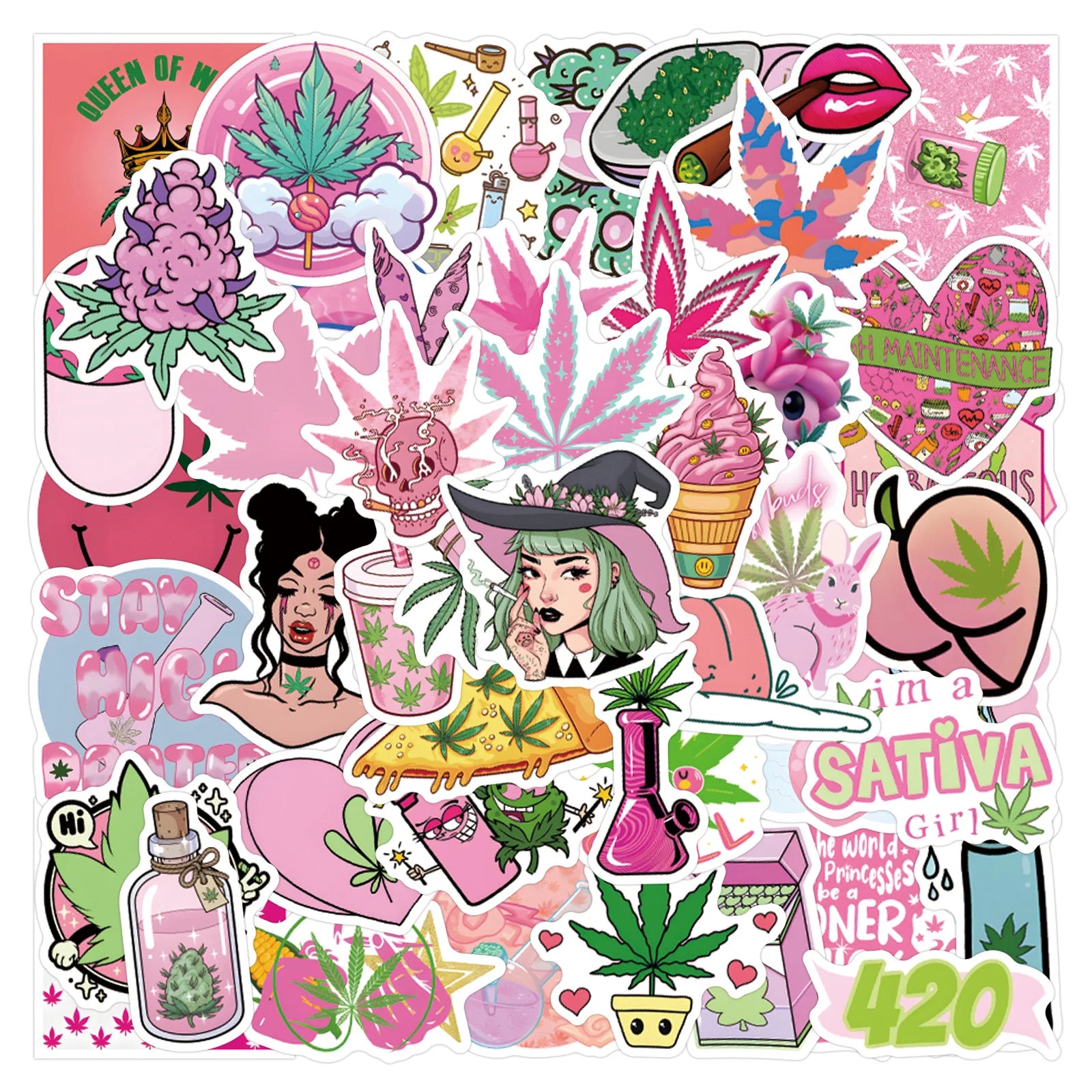 55Pcs Fashion Pink Weed Smoking Graffiti Stickers for Luggage Bottle Decor Cute Hippie Sticker