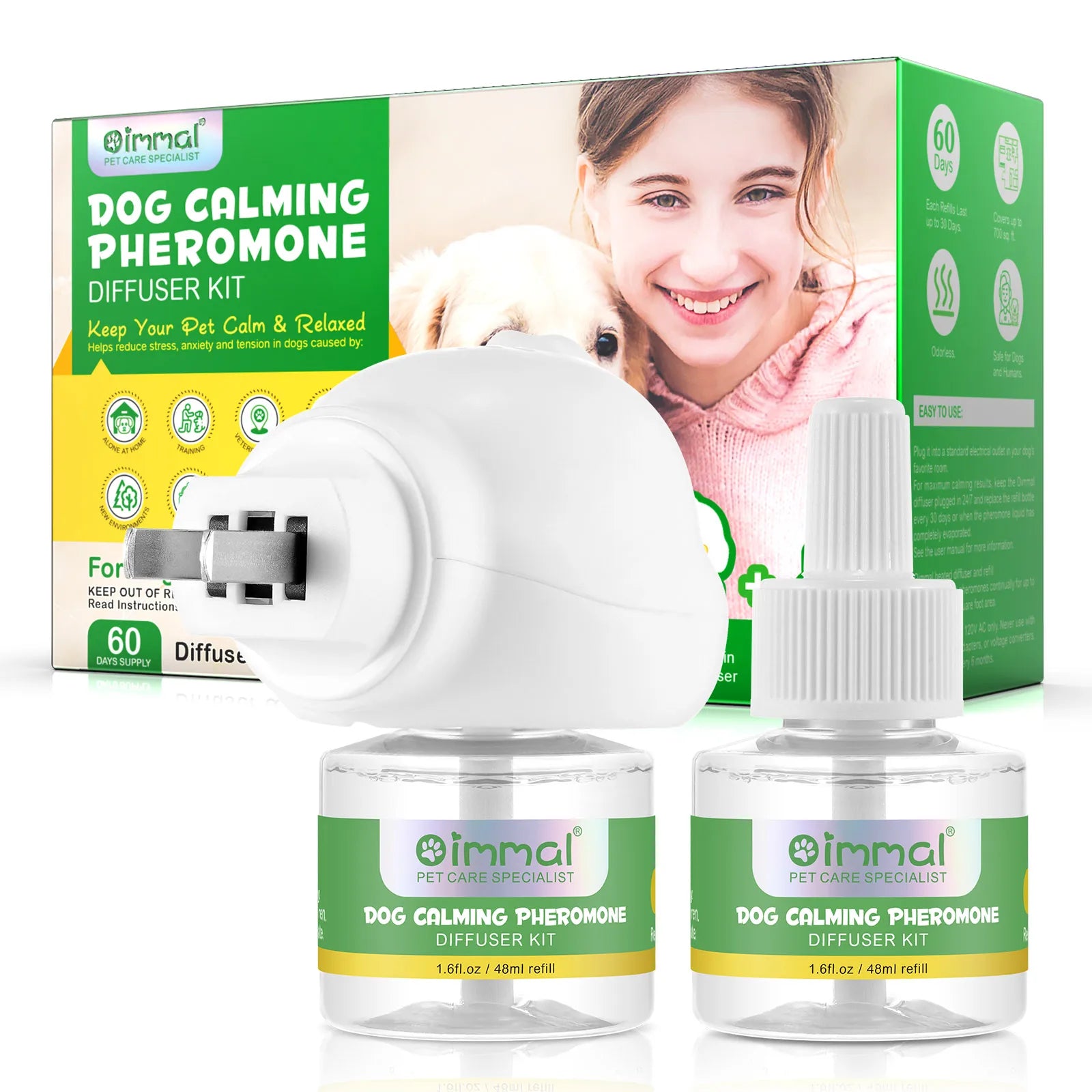 Oimmal Wholesale Portable 3 in 1 Plug in and Dog Calming Pheromone Diffuser Kit with 48ml Refills for Anxiety Relief