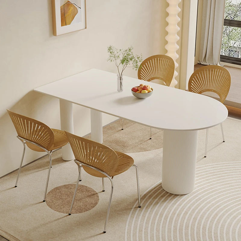 Minimalist Cream Style Slate Small Dining Table Set for 4 Chairs Small Household Roman Column Round Dining Table Set