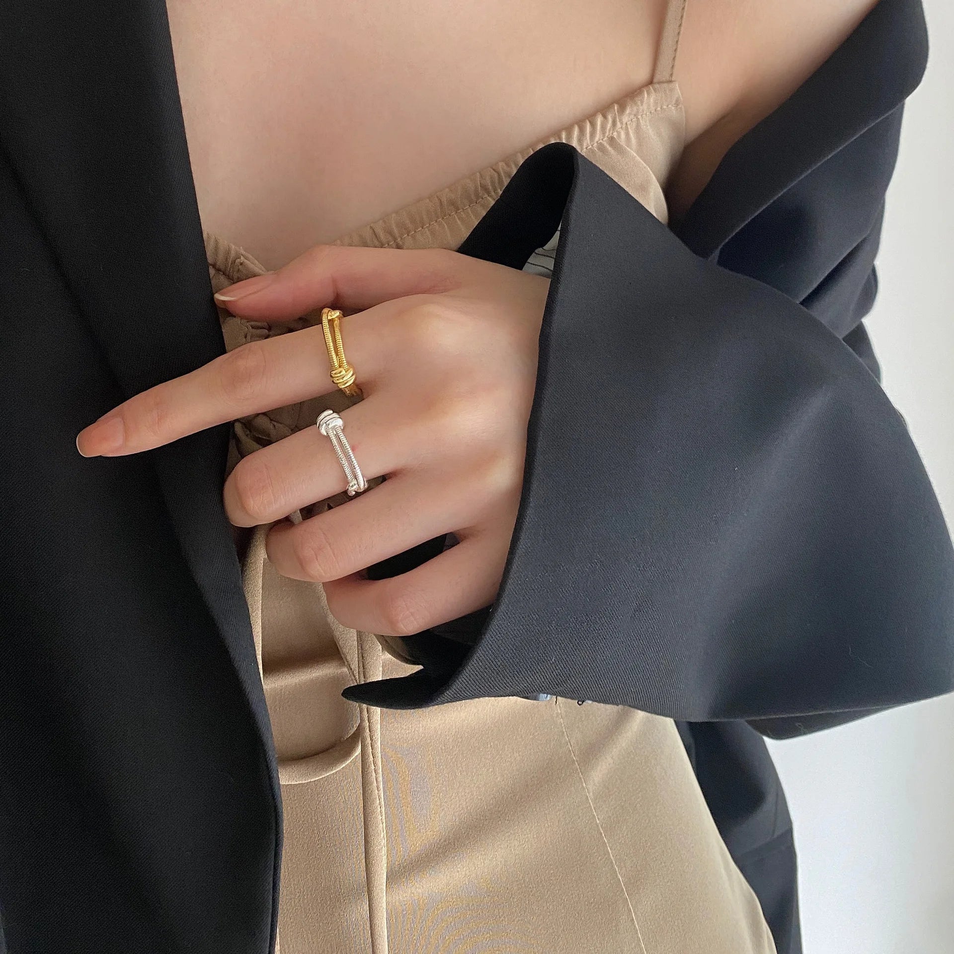 925 Sterling Silver Double Band Thin Ring Female Open Couple Simple Knotted Ring