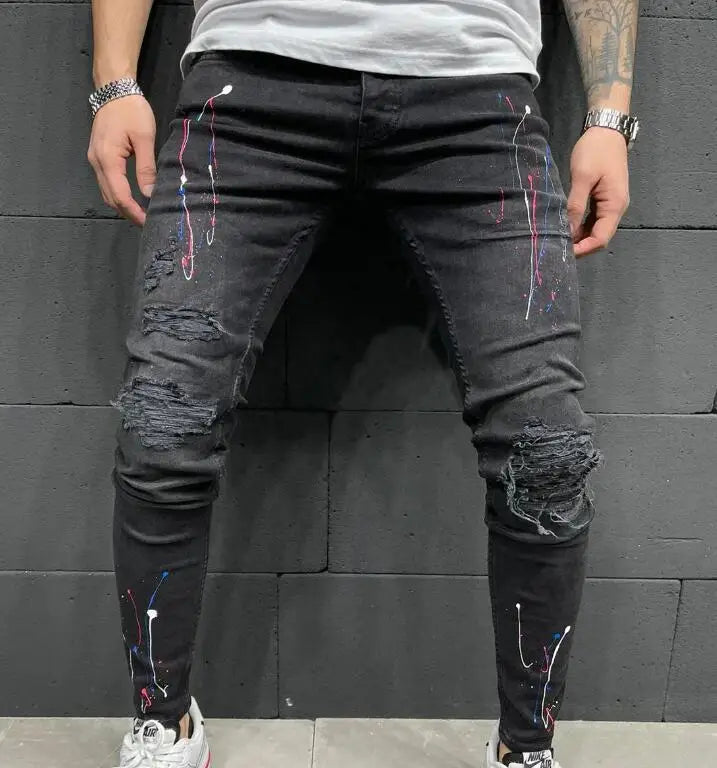 New Trend Mid Waist Stylish Ripped Jeans Men Custom Logo Denim Pants Slim Fit Jeans Size 3XL